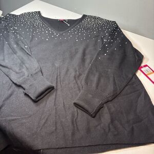 NWT Vince Camuto Womens Sweater Size S Black Rhinestone Shoulder Embellished